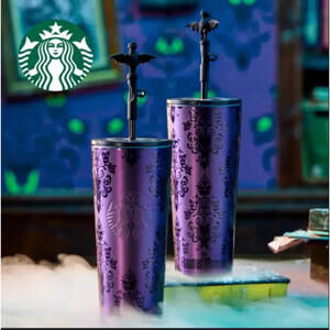 DISNEY THE HAUNTED MANSION 24OZ STAINLESS STEEL STARBUCKS WITH STRAW IN HAND!👻